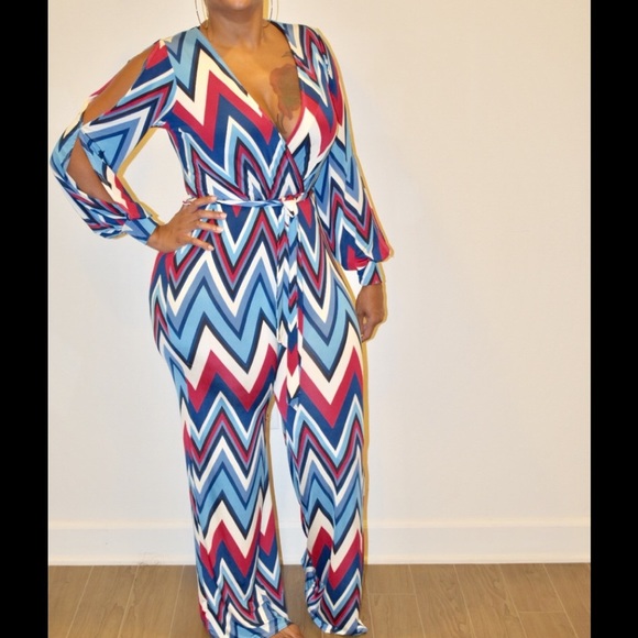 New Chevron Print Open Sleeve Wide Leg Jumpsuit - Picture 3 of 3